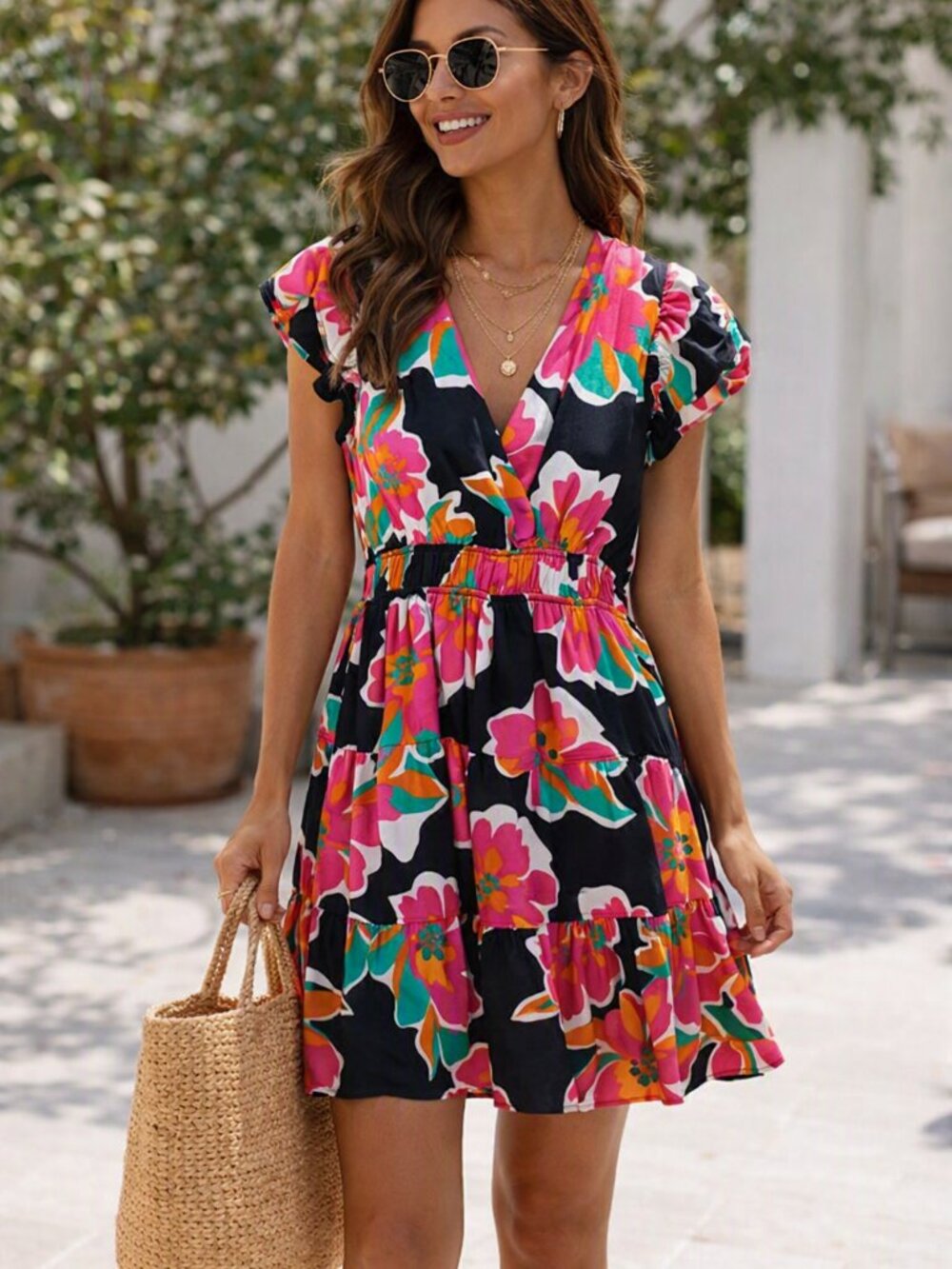 entro Black Floral Tiered Dress with Pink & Orange Accents